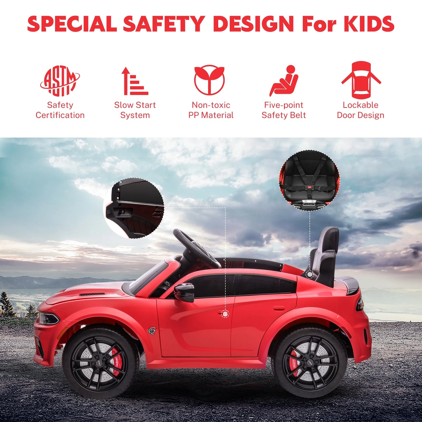 Dodge Electric Ride on Cars for Kids, 12V Licensed Dodge Charger SRT Powered Ride on Toys Cars with Parent Remote Control, Electric Car for Girls 3-5 W/Music Player/Led Headlights/Safety Belt, Red